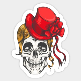 Human Skull in Red Fashion Hat. Vector illustration. Sticker